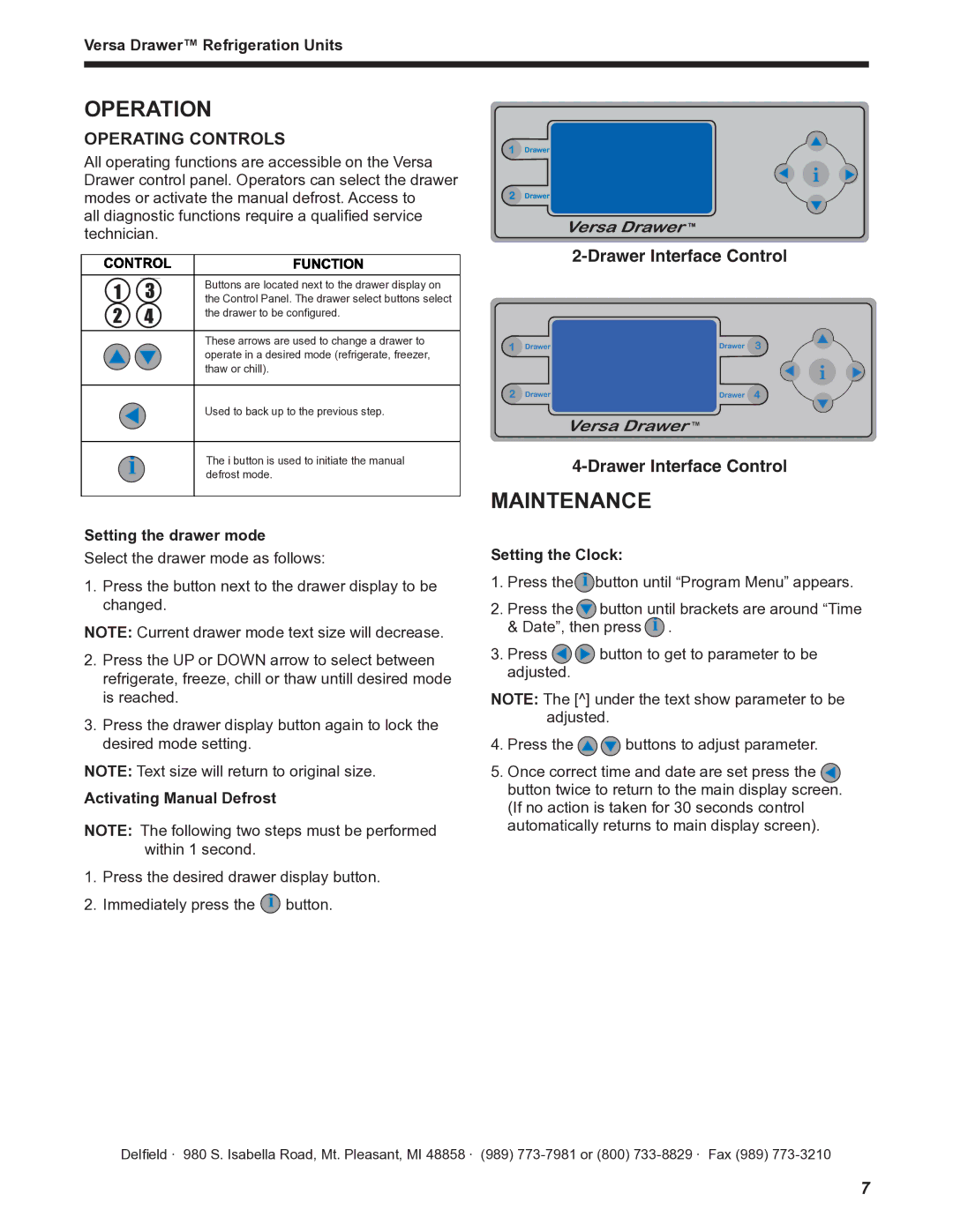 Delfield Versa Drawer operation manual Maintenance, Operating Controls, Drawer Interface Control 