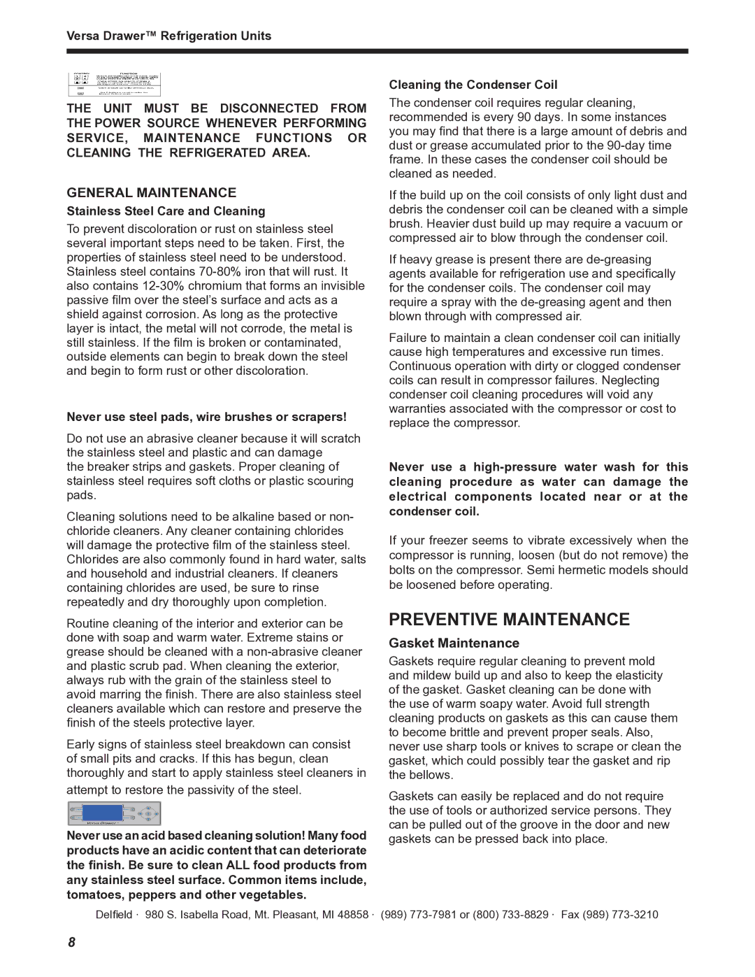 Delfield Versa Drawer operation manual Preventive Maintenance, General Maintenance, Cleaning the Condenser Coil 