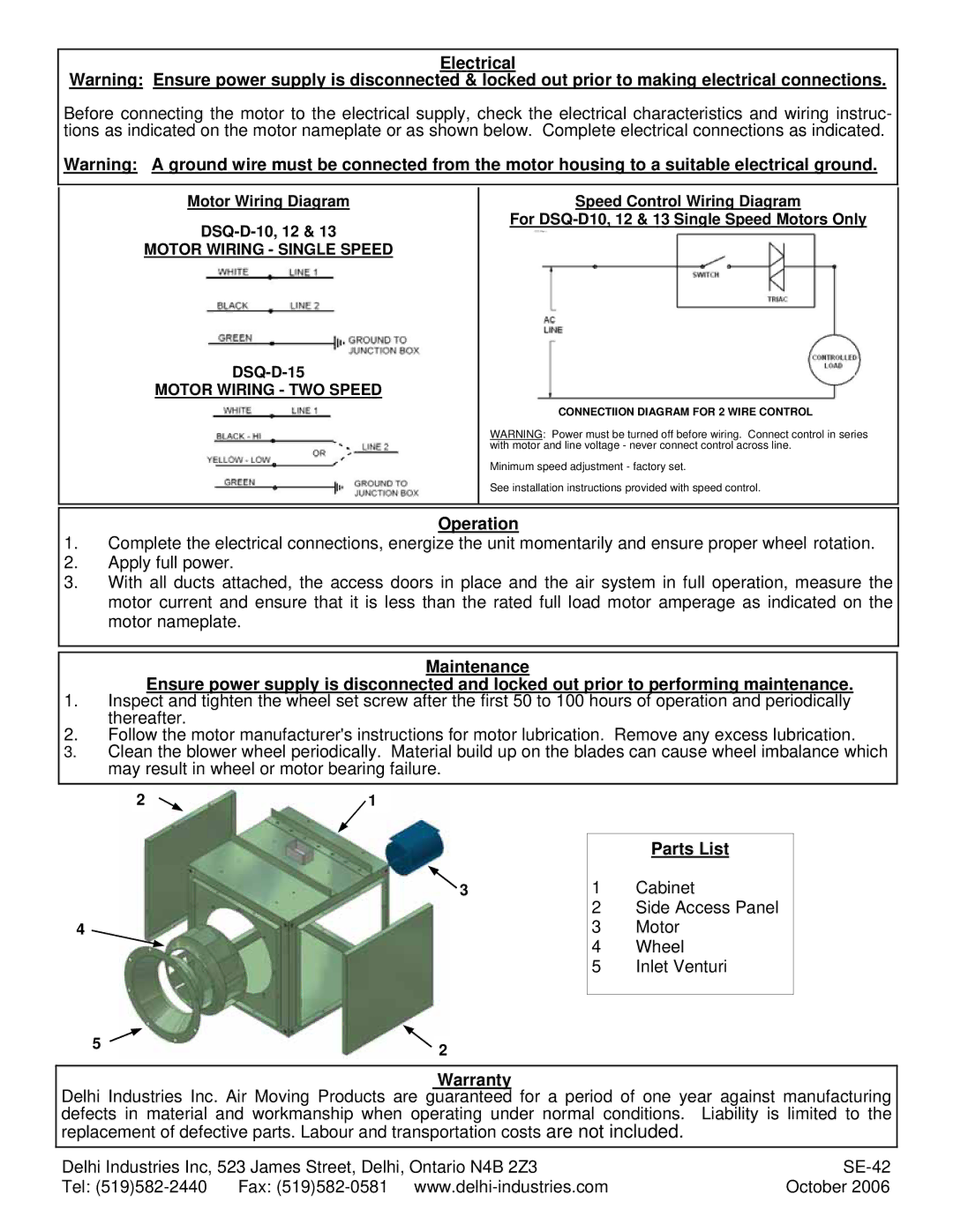 Delhi Industries DSQ-D-13, DSQ-D-12, DSQ-D-15, DSQ-D-10 manual Electrical, Operation, Parts List, Warranty 