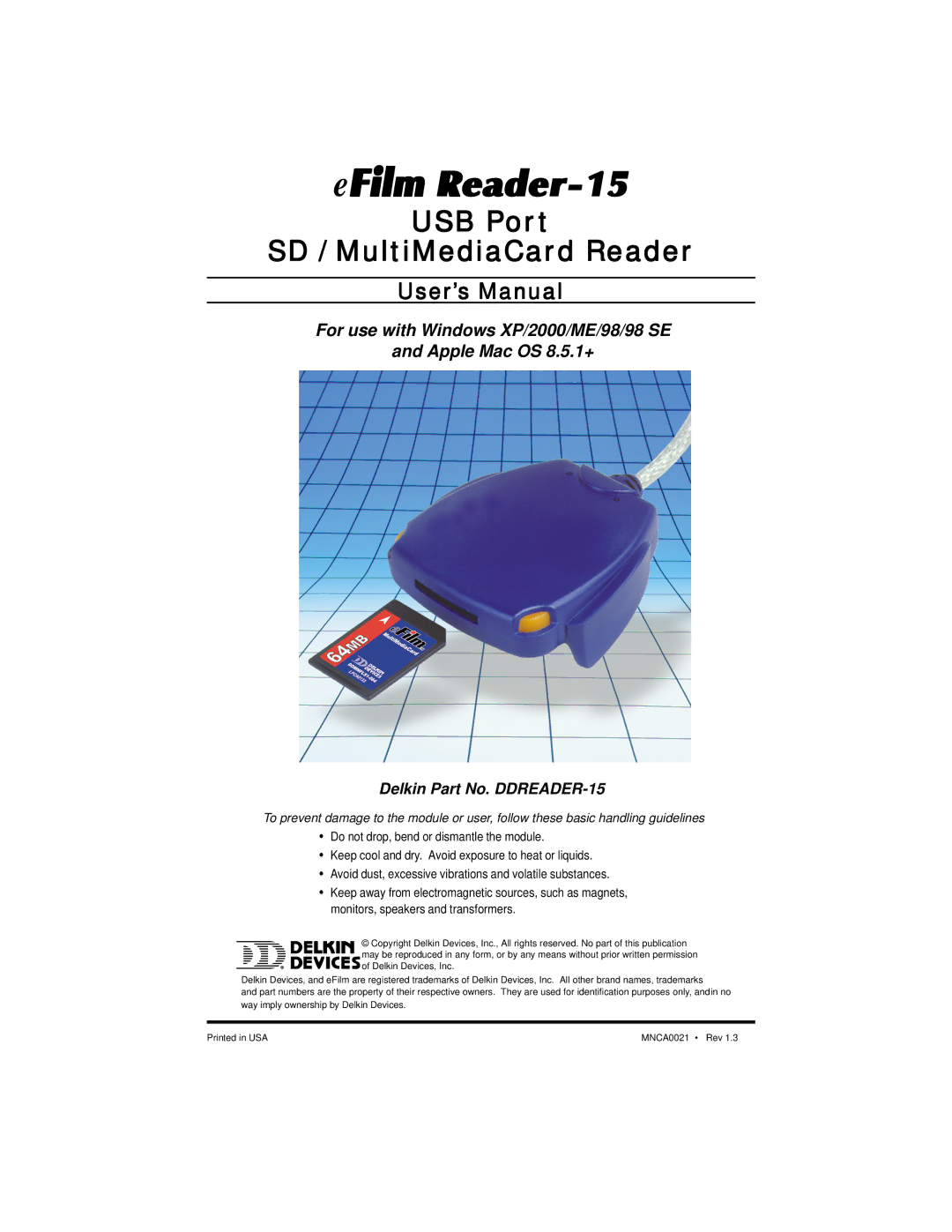 Delkin Devices manual EFilm Reader-15, Delkin Part No. DDREADER-15 