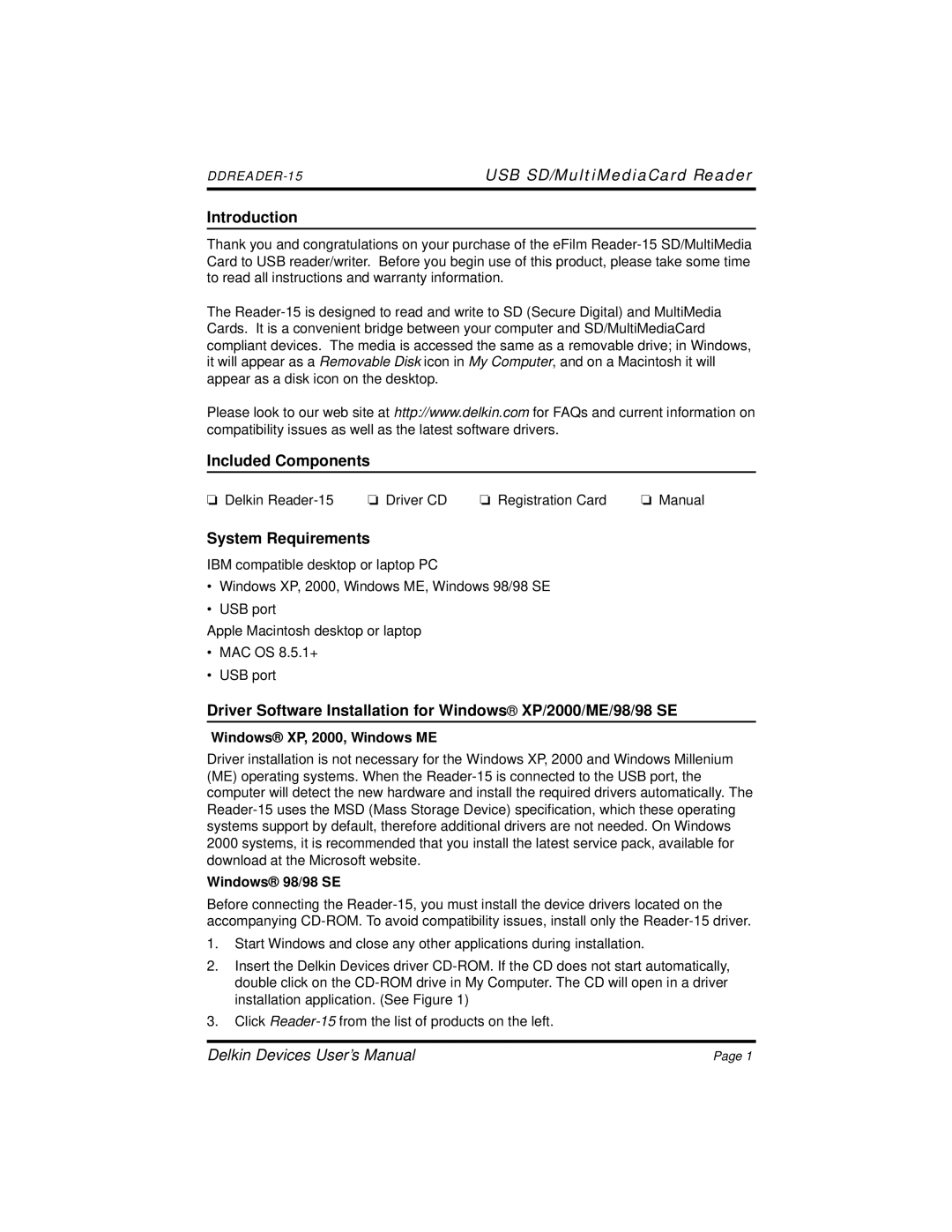 Delkin Devices 15 manual USB SD/MultiMediaCard Reader, Introduction, Included Components, System Requirements 