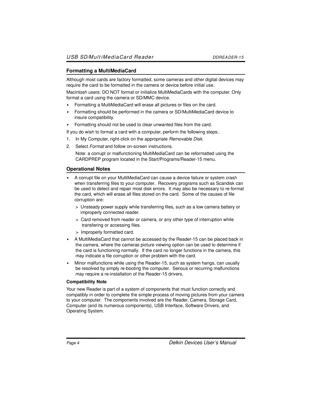 Delkin Devices 15 manual Formatting a MultiMediaCard, Operational Notes, Compatibility Note 