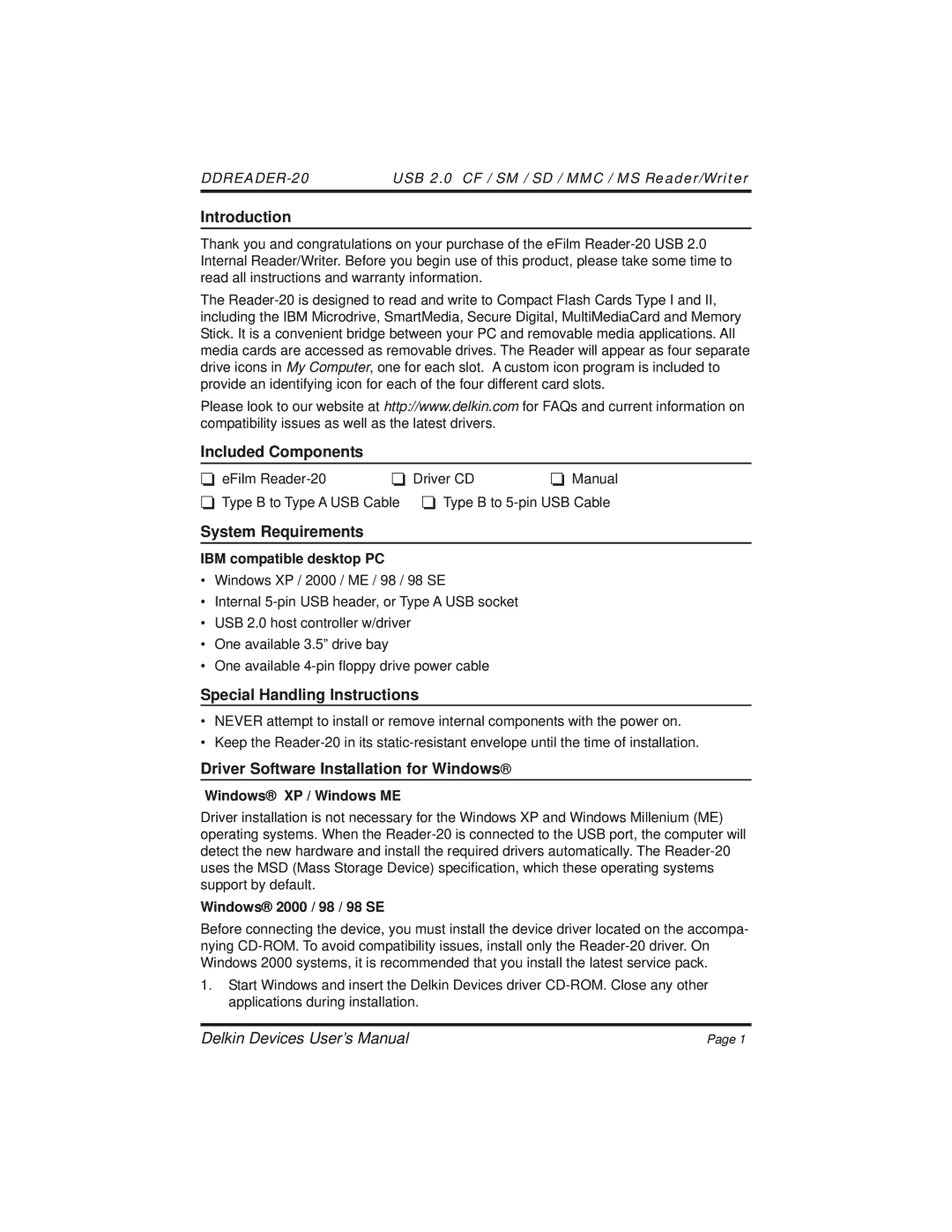 Delkin Devices 20 manual Introduction, Included Components, System Requirements, Special Handling Instructions 