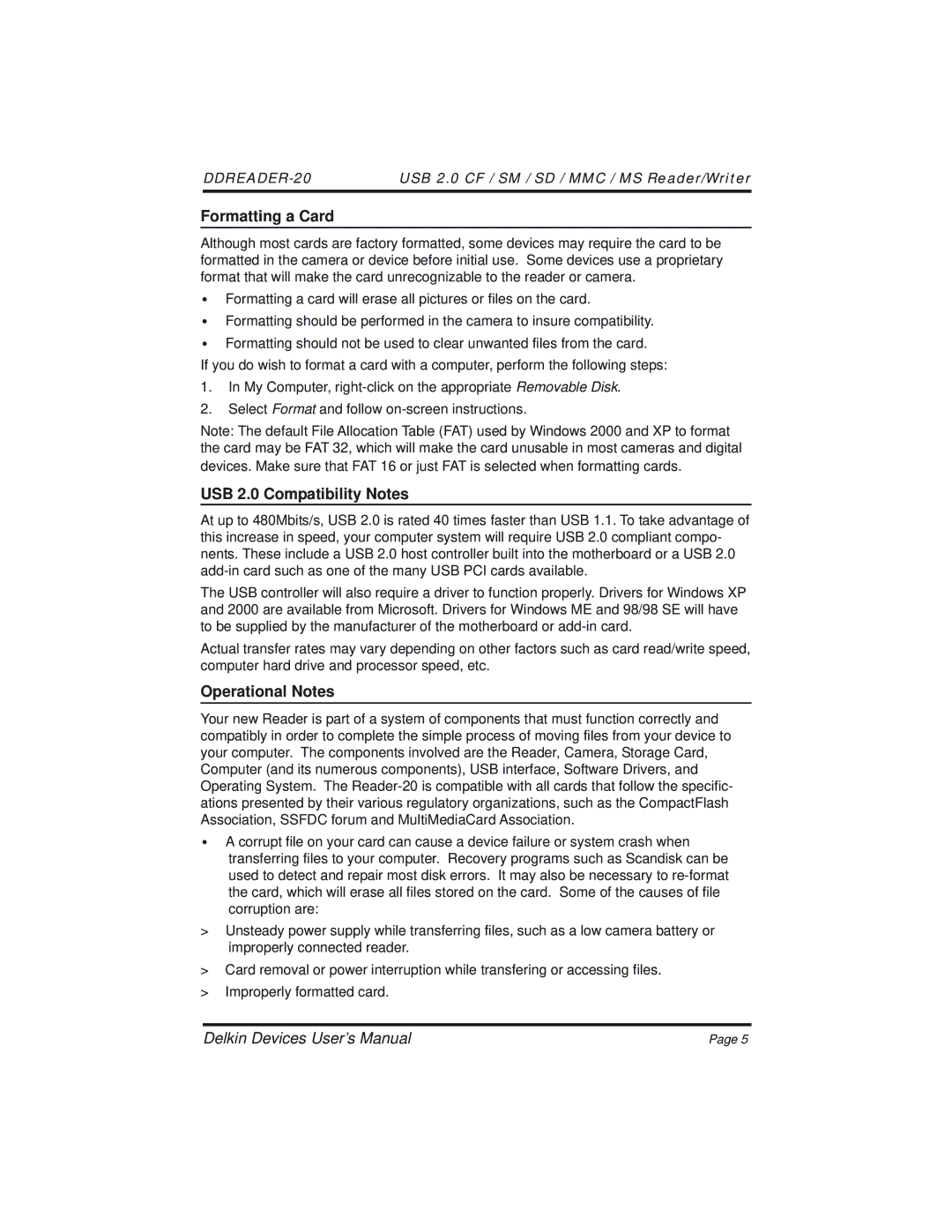 Delkin Devices 20 manual Formatting a Card, USB 2.0 Compatibility Notes, Operational Notes 