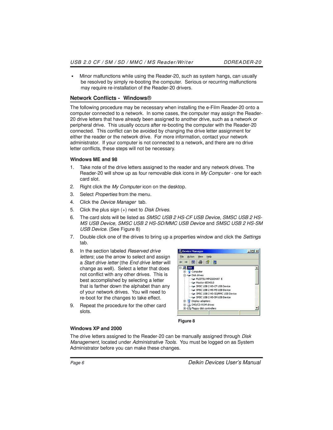 Delkin Devices 20 manual Network Conflicts Windows, Windows ME, Windows XP 