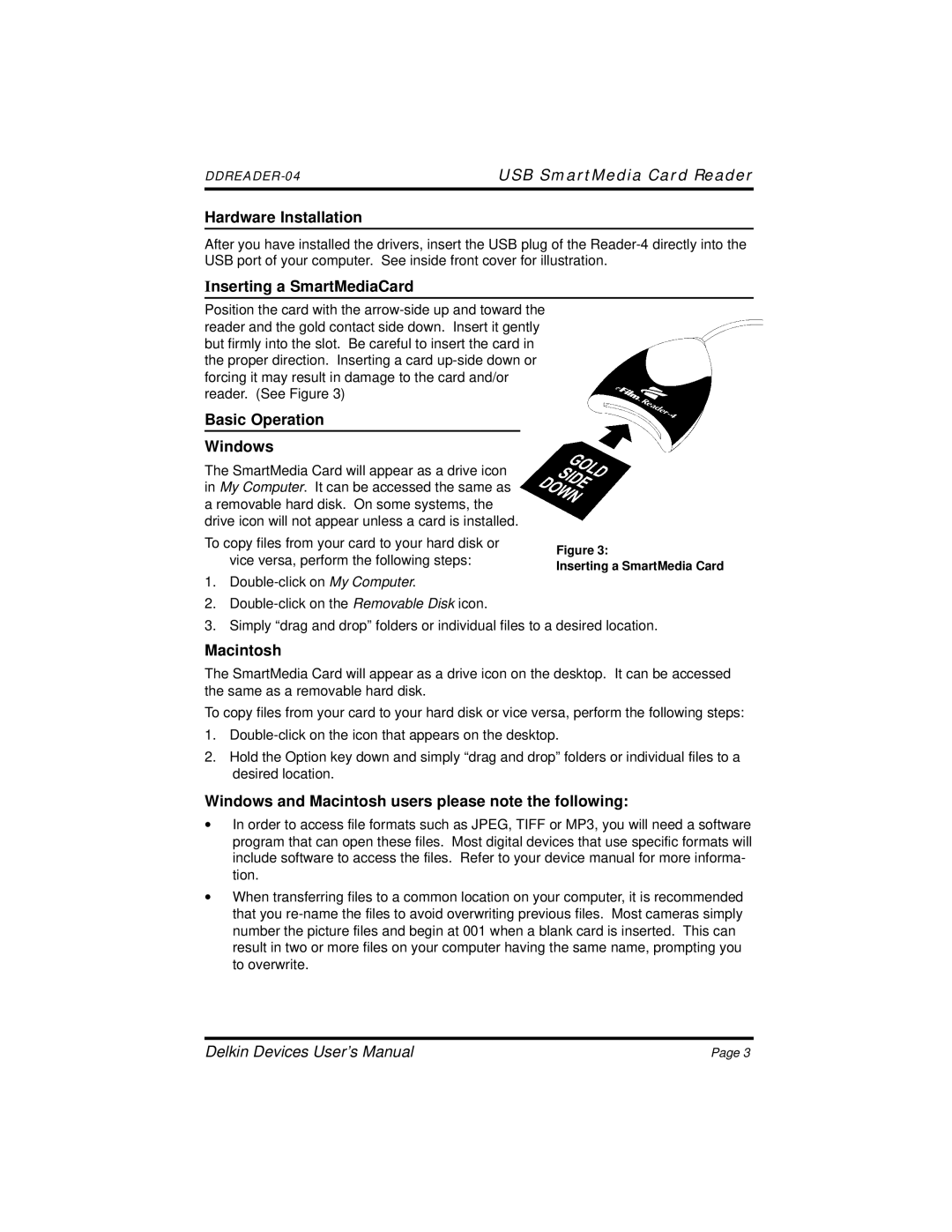 Delkin Devices 4 manual Hardware Installation, Inserting a SmartMediaCard, Basic Operation Windows, Macintosh 