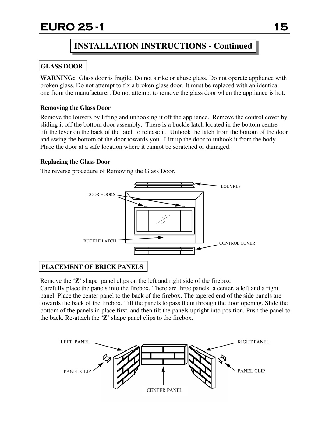 Delkin Devices EI - 25-1 manual Glass Door, Placement of Brick Panels 