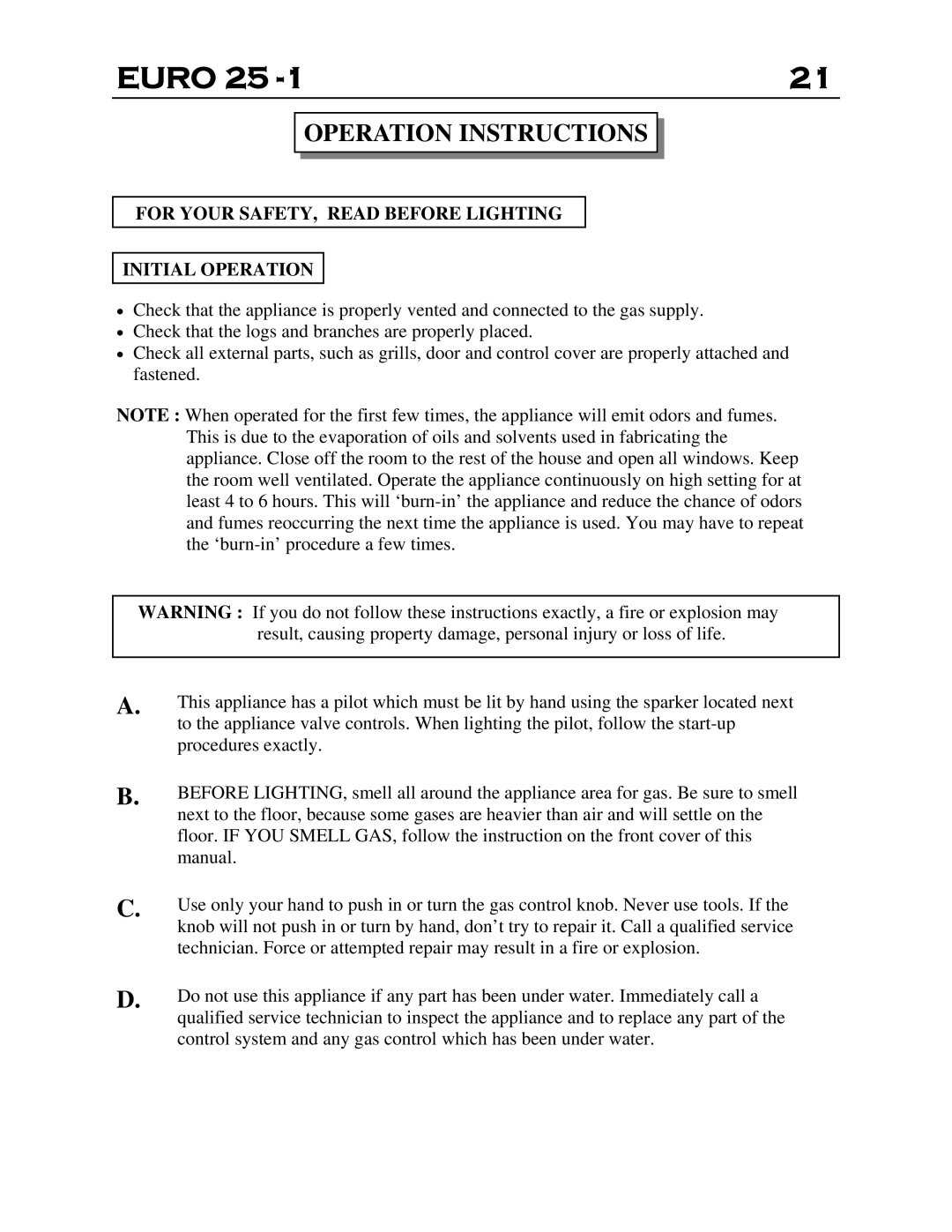 Delkin Devices EI - 25-1 manual Operation Instructions, For Your SAFETY, Read Before Lighting Initial Operation 