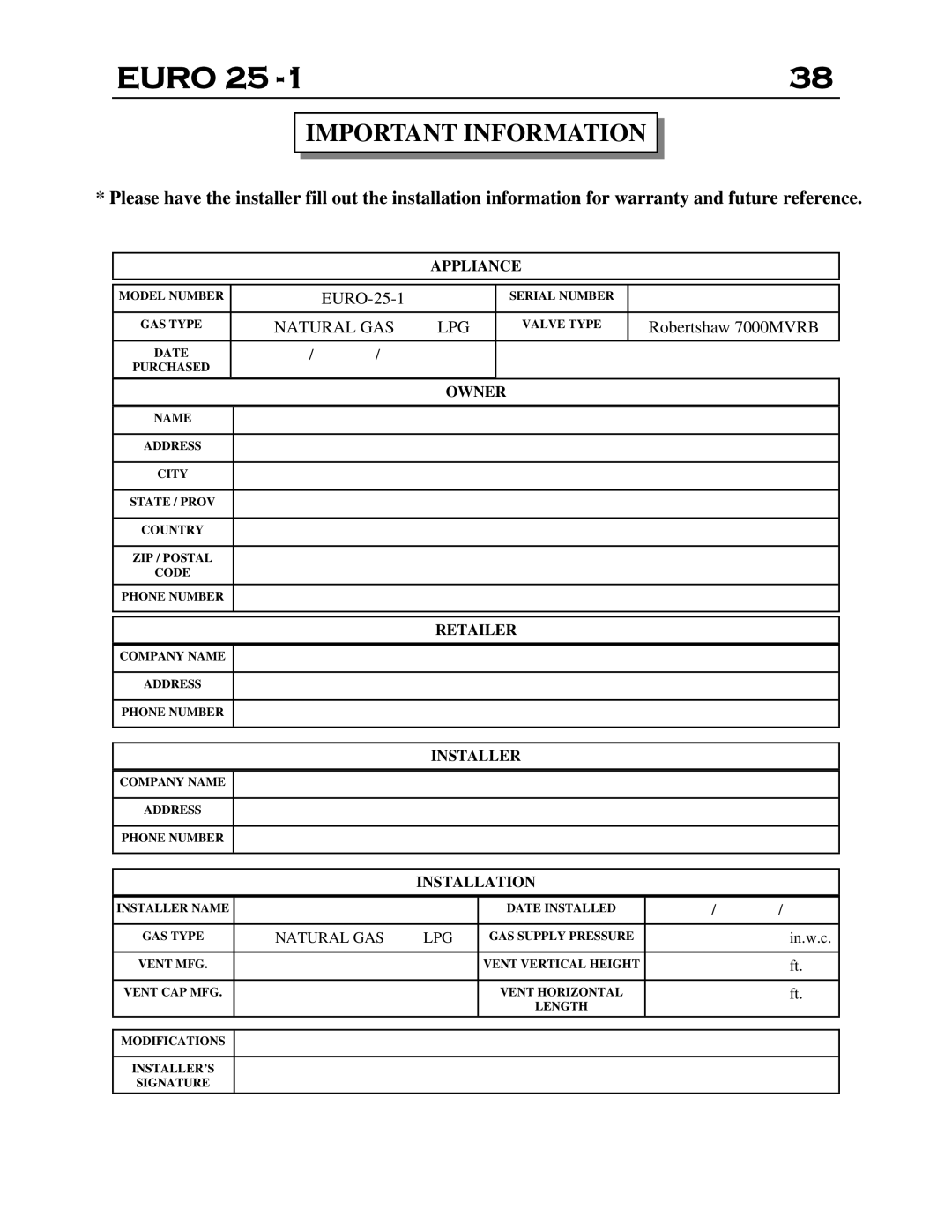 Delkin Devices EI - 25-1 manual Important Information, Natural GAS 