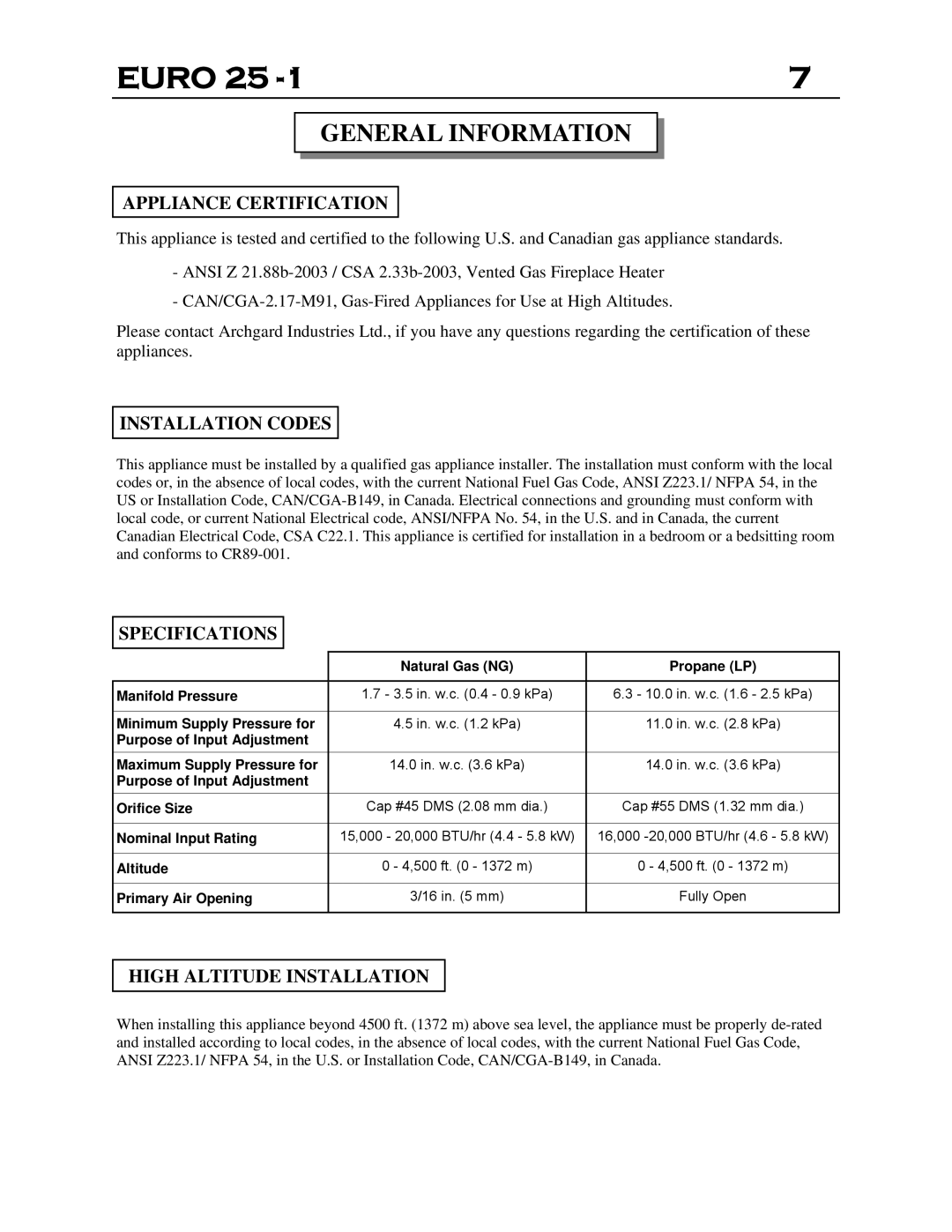 Delkin Devices EI - 25-1 manual General Information, Appliance Certification, Installation Codes, Specifications 