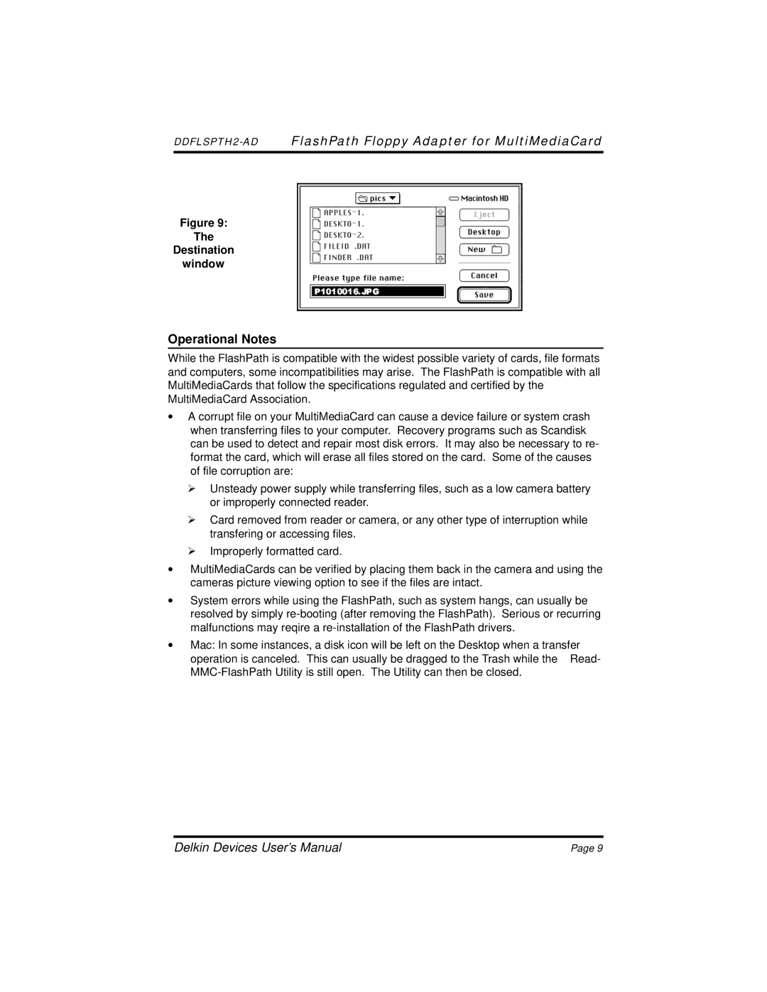 Delkin Devices MultiMedia Card to Floppy Disk Adapter manual Operational Notes, Destination Window 