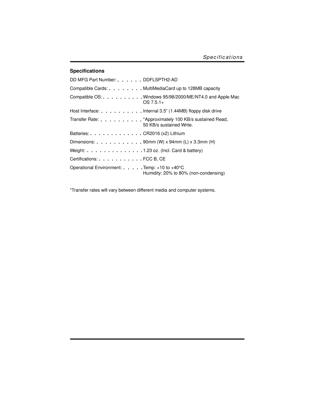 Delkin Devices MultiMedia Card to Floppy Disk Adapter manual Specifications 