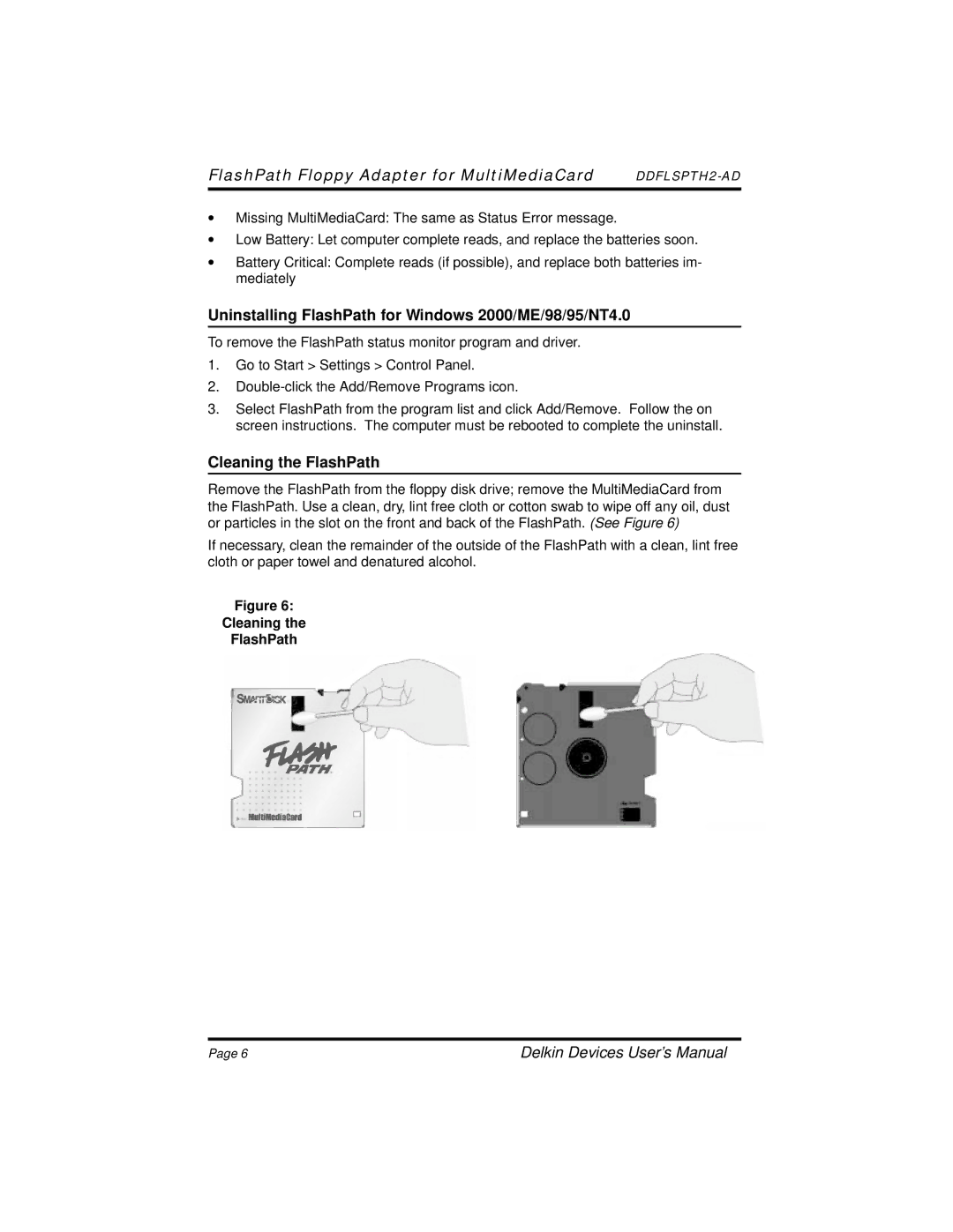 Delkin Devices MultiMedia Card to Floppy Disk Adapter manual Uninstalling FlashPath for Windows 2000/ME/98/95/NT4.0 