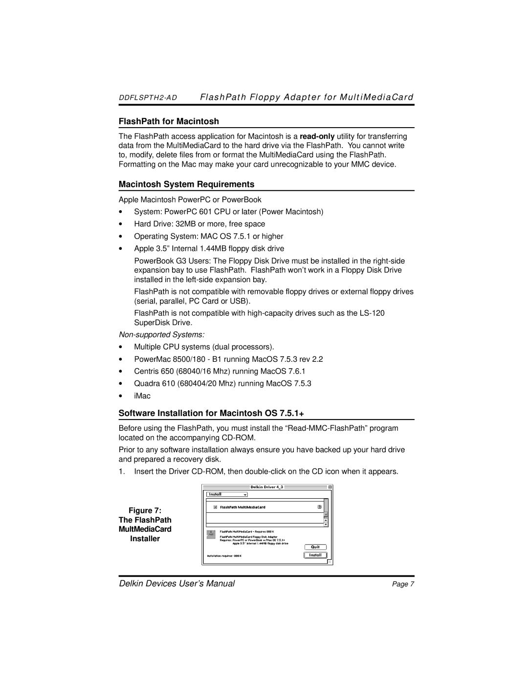 Delkin Devices MultiMedia Card to Floppy Disk Adapter manual FlashPath for Macintosh, Macintosh System Requirements 