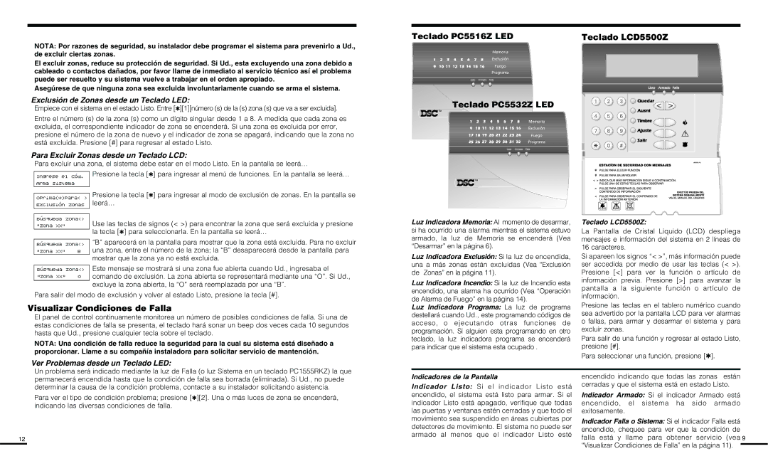 Delkin Devices PC585 manual Teclado PC5516Z LED Teclado LCD5500Z Teclado PC5532Z LED, Visualizar Condiciones de Falla 