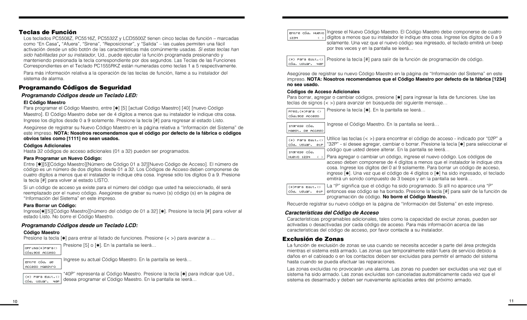 Delkin Devices PC585 manual Teclas de Función, Programando Códigos de Seguridad, Exclusión de Zonas 