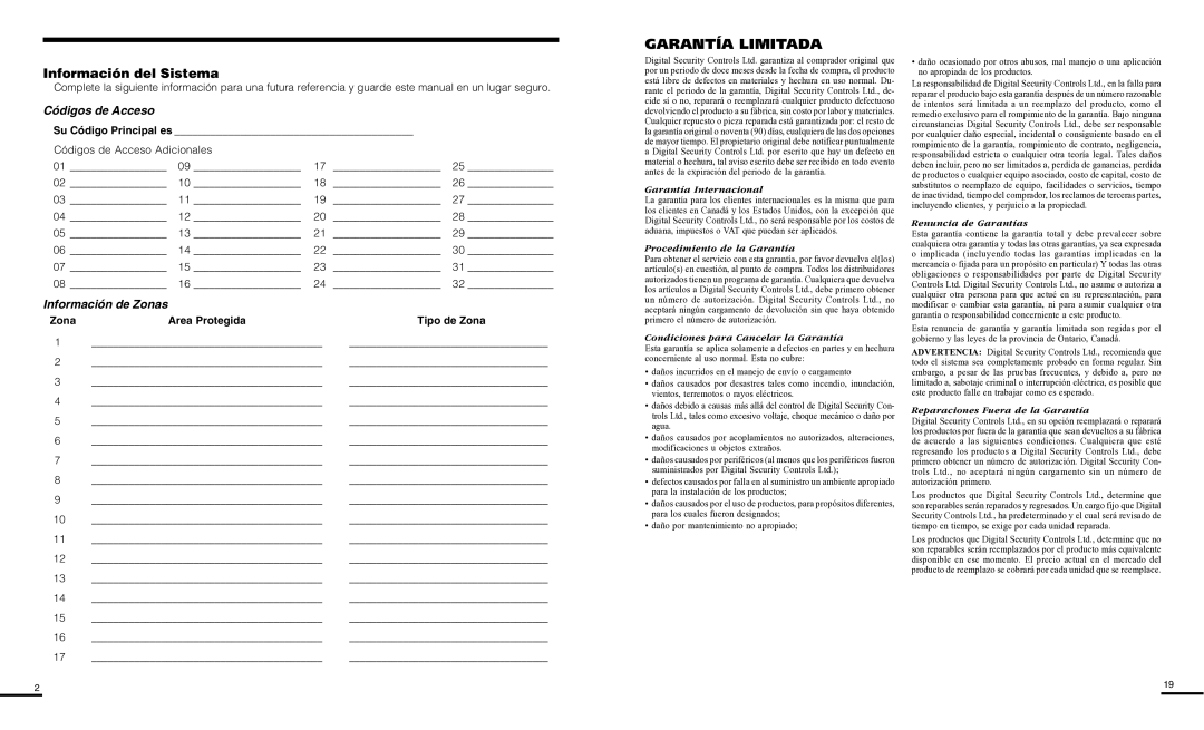 Delkin Devices PC585 manual Información del Sistema, Códigos de Acceso, Información de Zonas, Su Código Principal es 