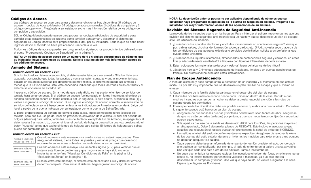 Delkin Devices PC585 manual Códigos de Acceso, Armado del Sistema, Revisión del Sistema Hogareño de Seguridad Anti-incendio 