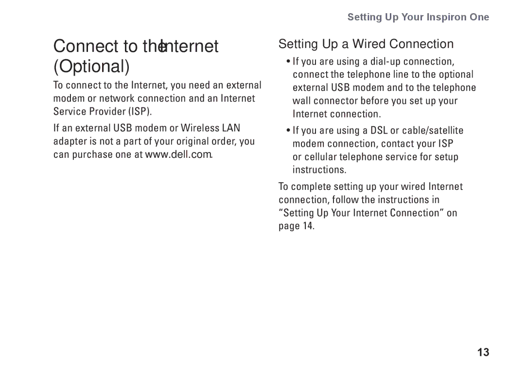 Dell 01HNXJA00, 19T setup guide Connect to the Internet Optional, Setting Up a Wired Connection 