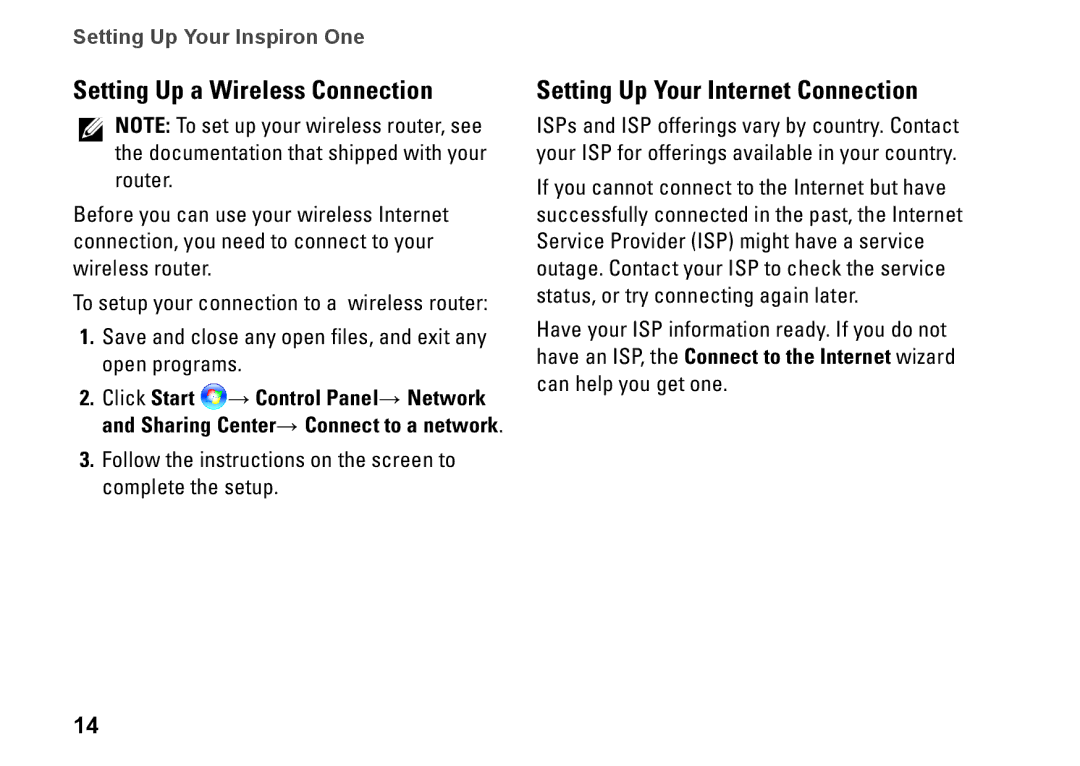 Dell 01HNXJA00, 19T setup guide Setting Up a Wireless Connection, Setting Up Your Internet Connection 