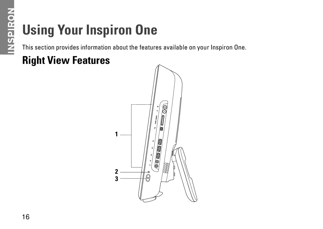 Dell 01HNXJA00, 19T setup guide Using Your Inspiron One, Right View Features 