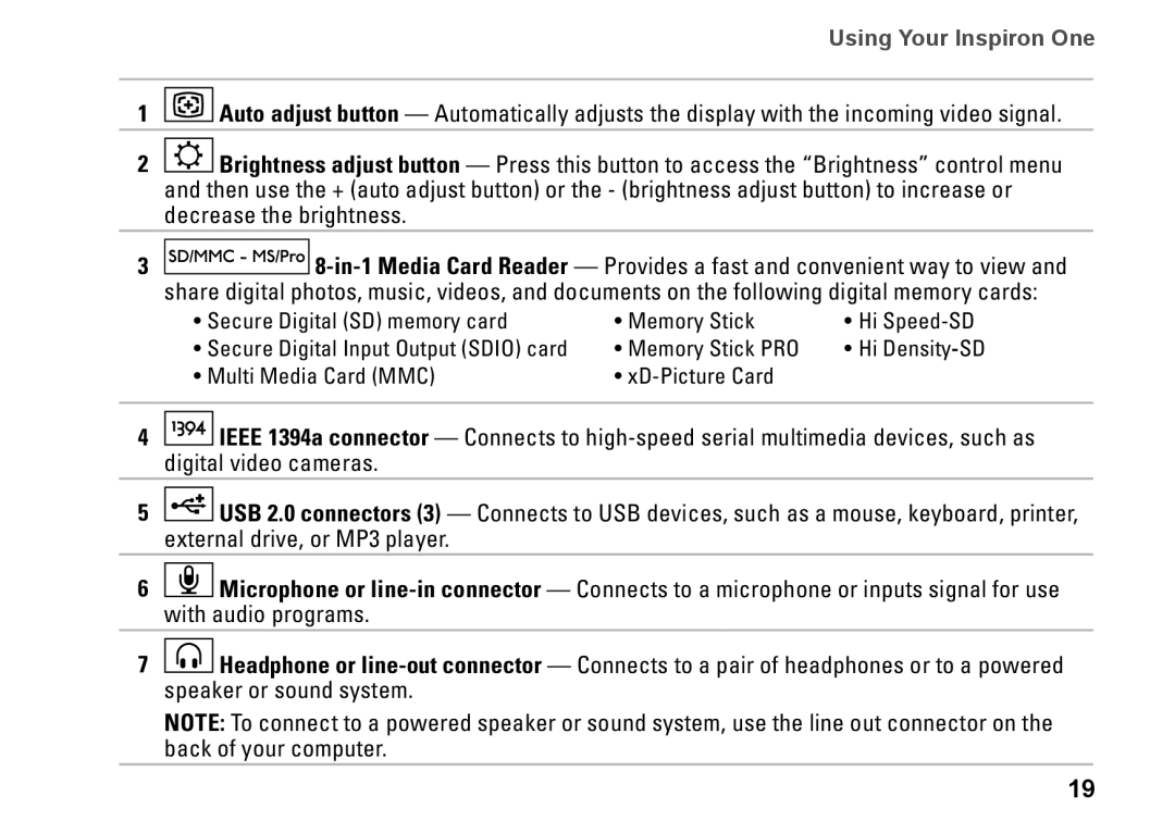 Dell 01HNXJA00, 19T setup guide Secure Digital SD memory card Memory Stick 