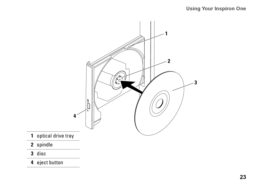 Dell 01HNXJA00, 19T setup guide Optical drive tray Spindle Disc Eject button 