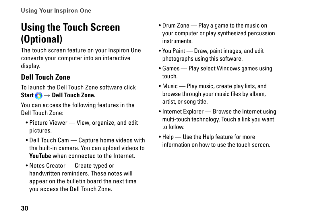 Dell 19T, 01HNXJA00 setup guide Using the Touch Screen Optional, Dell Touch Zone 