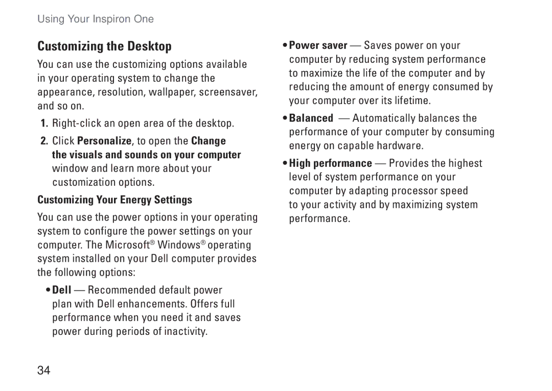 Dell 01HNXJA00, 19T setup guide Customizing the Desktop, Customizing Your Energy Settings 