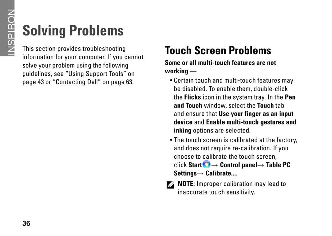 Dell 19T, 01HNXJA00 setup guide Solving Problems, Touch Screen Problems, Some or all multi-touch features are not working 