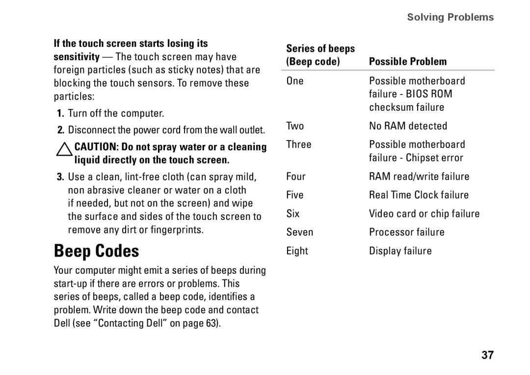 Dell 01HNXJA00, 19T setup guide Beep Codes, Beep code Possible Problem 