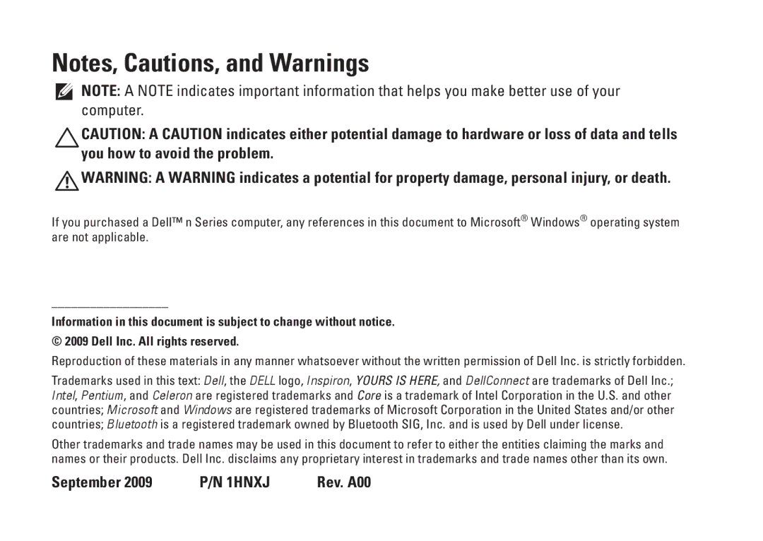 Dell 01HNXJA00, 19T setup guide September 2009 P/N 1HNXJ Rev. A00 