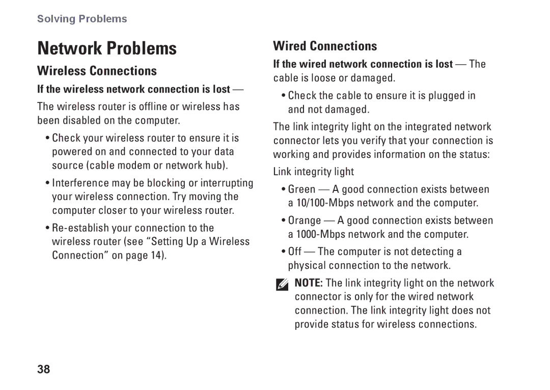 Dell 01HNXJA00, 19T setup guide Network Problems, Wireless Connections, Wired Connections 