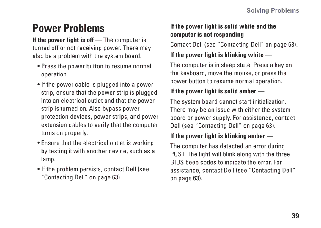 Dell 19T, 01HNXJA00 setup guide Power Problems, If the power light is blinking white, If the power light is solid amber 