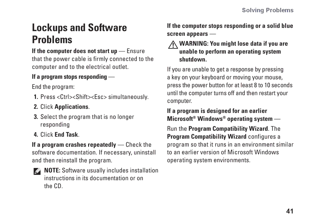 Dell 01HNXJA00, 19T setup guide If a program stops responding, Click Applications, Click End Task 