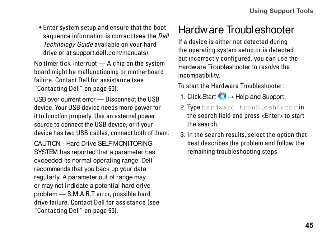 Dell 19T, 01HNXJA00 setup guide Hardware Troubleshooter, Click Start → Help and Support 