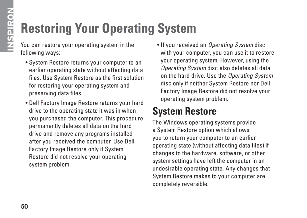 Dell 01HNXJA00, 19T setup guide Restoring Your Operating System, System Restore 