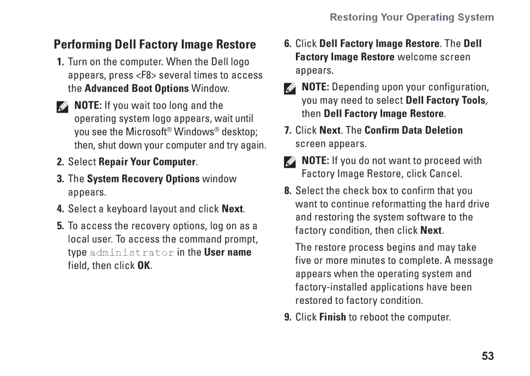 Dell 01HNXJA00, 19T setup guide Performing Dell Factory Image Restore 