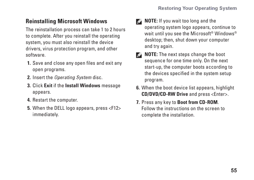 Dell 01HNXJA00, 19T setup guide Reinstalling Microsoft Windows, Click Exit if the Install Windows message appears 