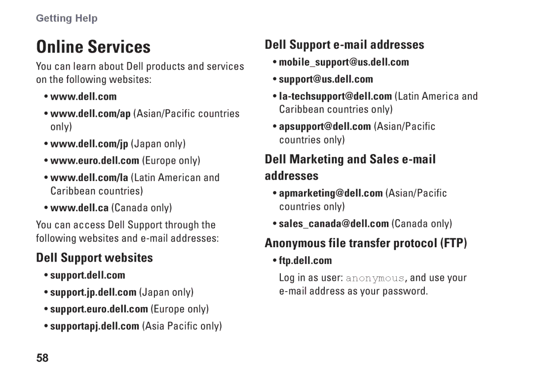 Dell 01HNXJA00, 19T setup guide Online Services, Dell Support websites, Dell Support e-mail addresses 