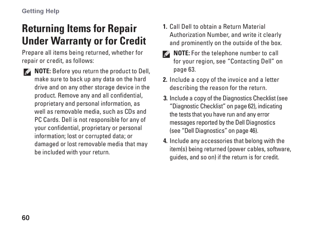 Dell 19T, 01HNXJA00 setup guide Returning Items for Repair Under Warranty or for Credit 