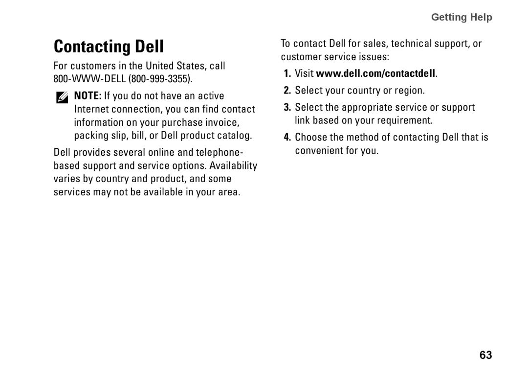 Dell 19T, 01HNXJA00 setup guide Contacting Dell, For customers in the United States, call 800-WWW-DELL 