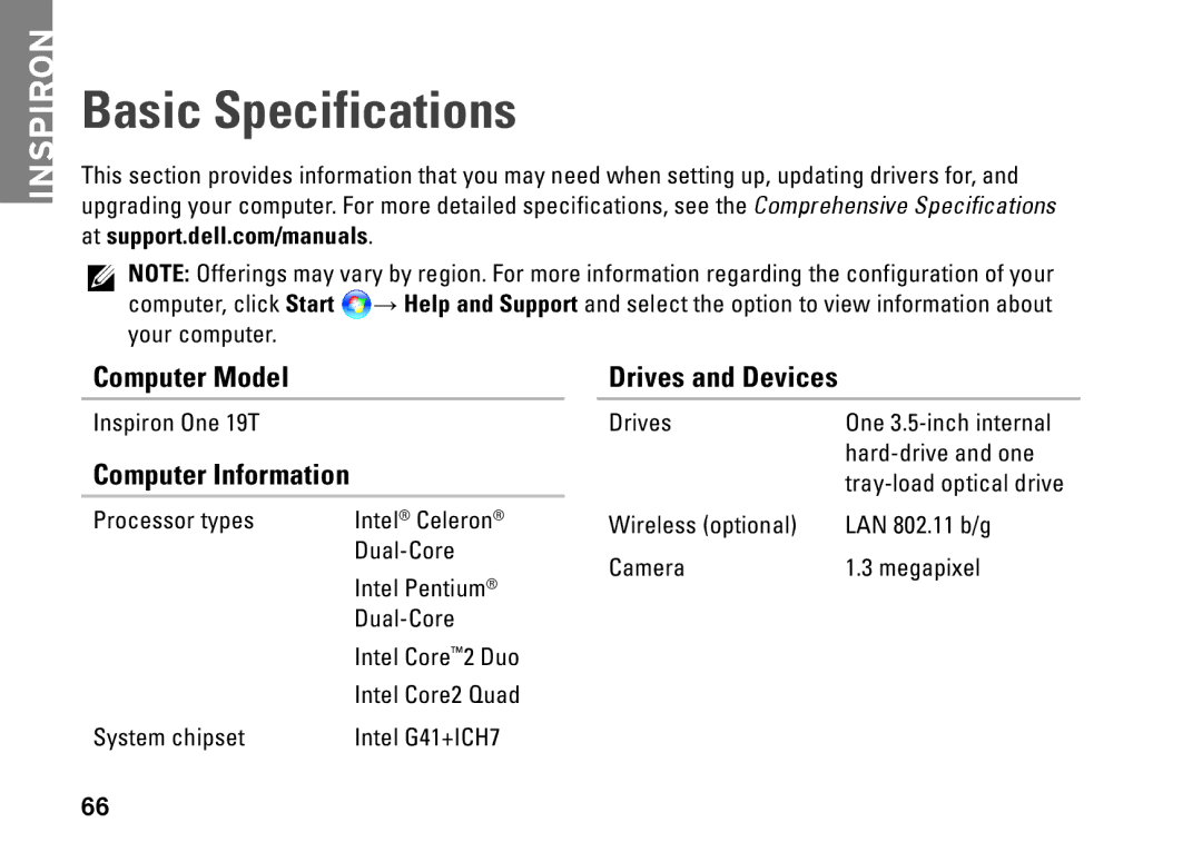 Dell 19T, 01HNXJA00 setup guide Basic Specifications, Computer Model, Computer Information, Drives and Devices 