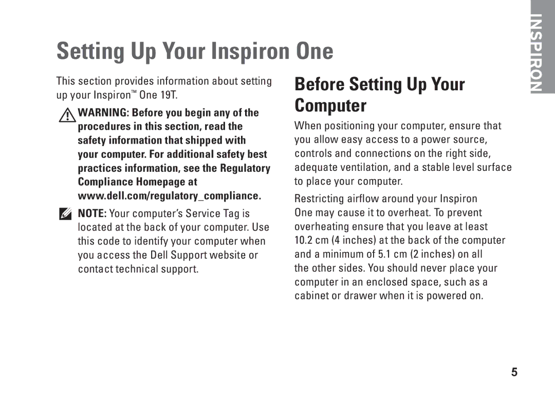 Dell 01HNXJA00, 19T setup guide Setting Up Your Inspiron One, Before Setting Up Your Computer 