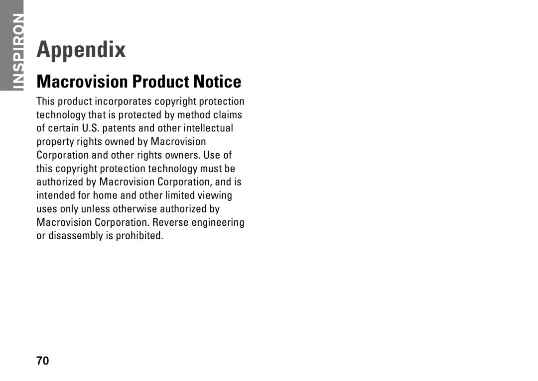 Dell 01HNXJA00, 19T setup guide Appendix, Macrovision Product Notice 