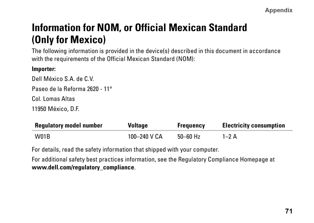 Dell 01HNXJA00, 19T setup guide Importer, Regulatory model number Voltage Frequency 