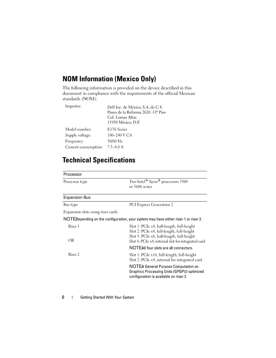 Dell 05CPW, NX3100 manual NOM Information Mexico Only, Technical Specifications 