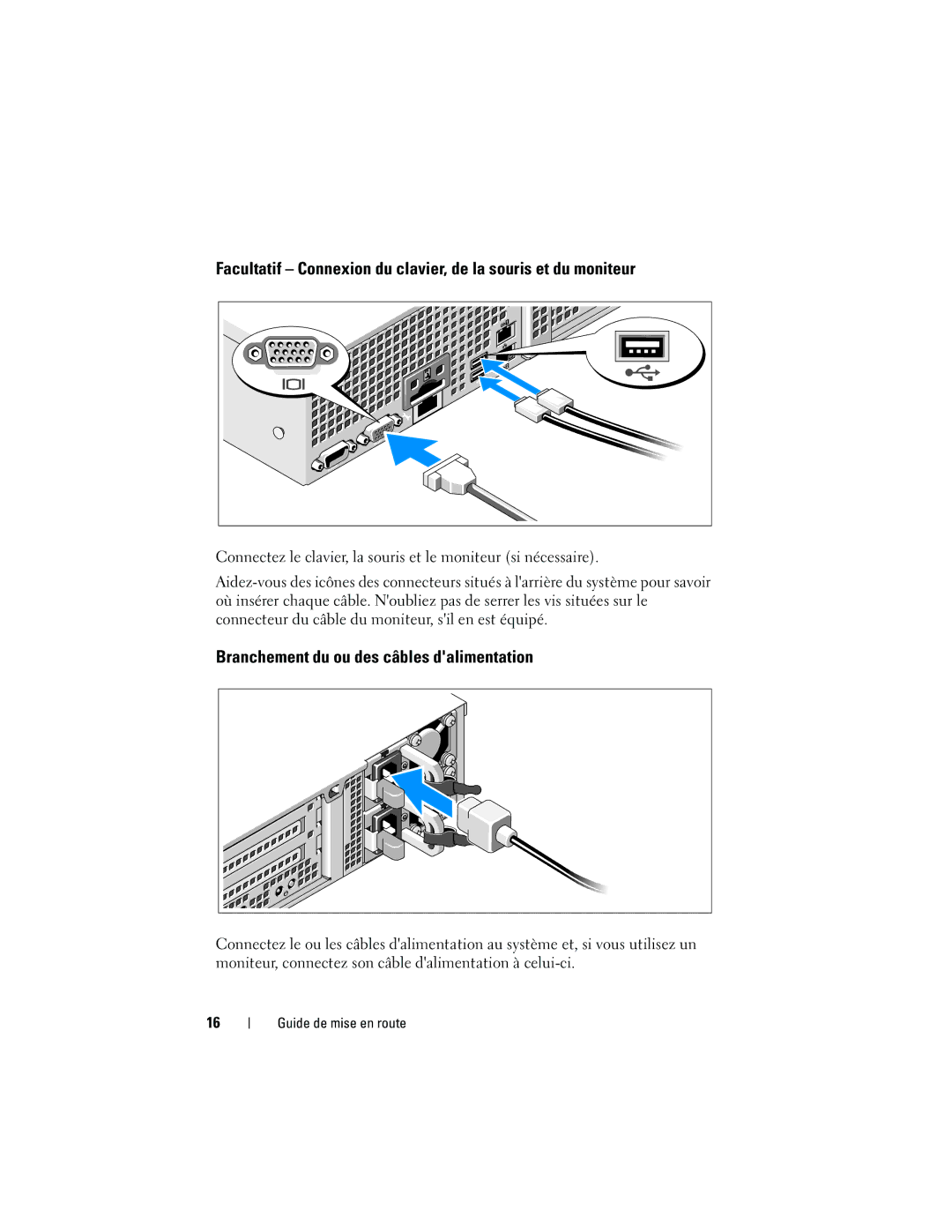 Dell 05CPW manual Facultatif Connexion du clavier, de la souris et du moniteur, Branchement du ou des câbles dalimentation 