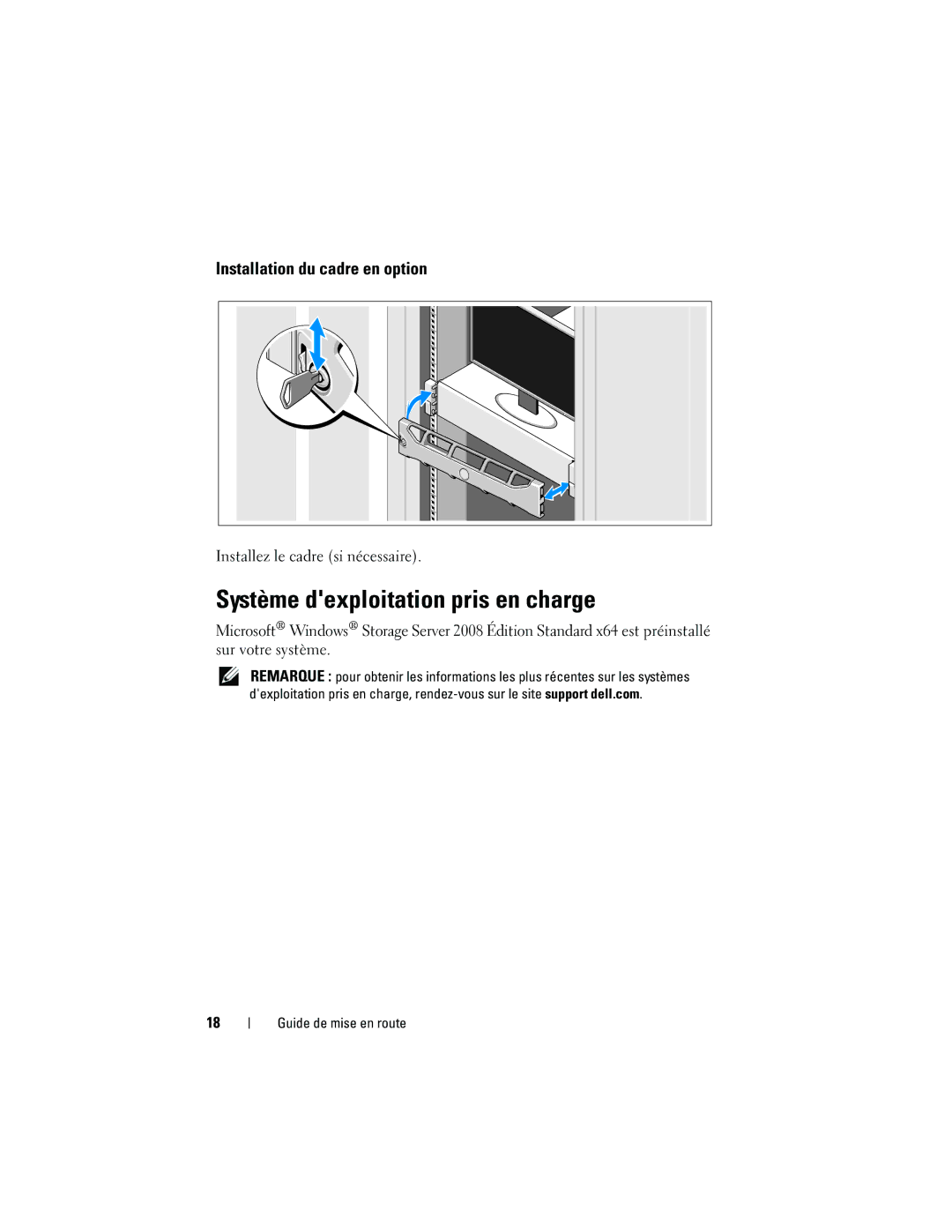 Dell 05CPW, NX3100 manual Système dexploitation pris en charge, Installation du cadre en option 