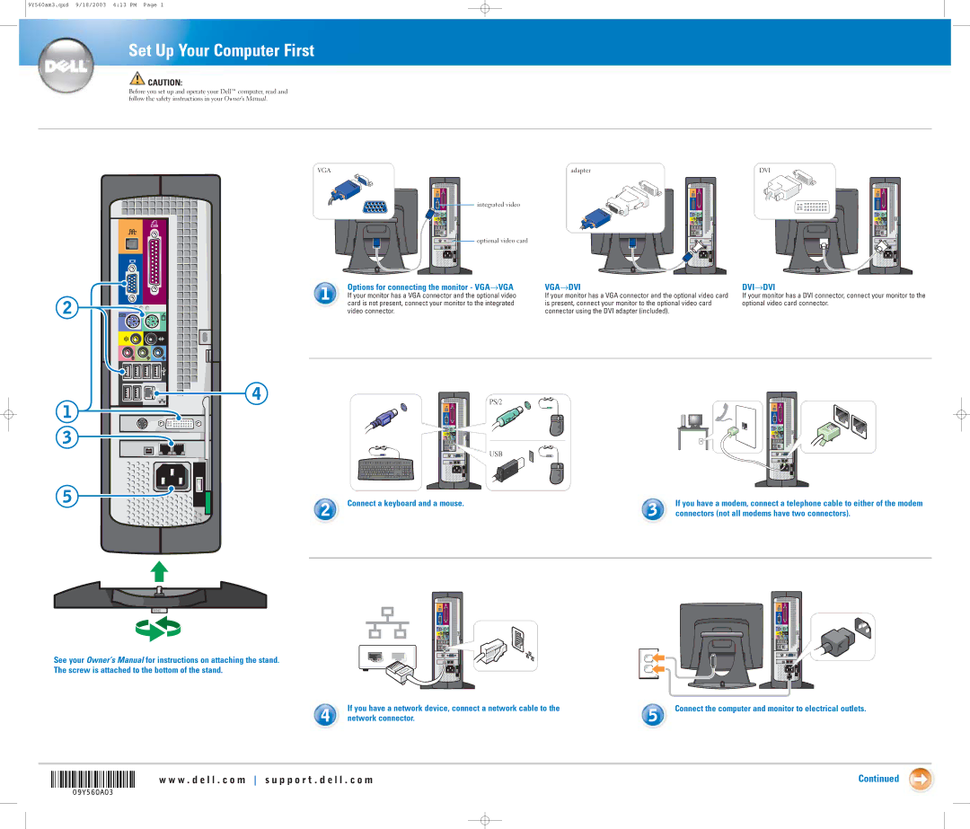 Dell 4600C, 09Y560A03 owner manual Set Up Your Computer First, Vga→Dvi, Dvi→Dvi 